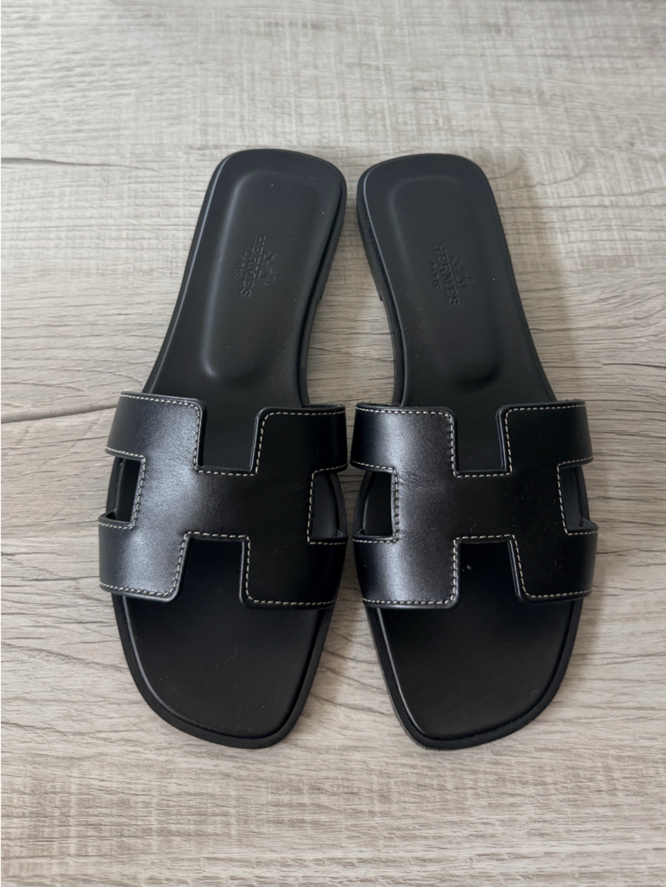 Hermes Black Oran Slide Sandals